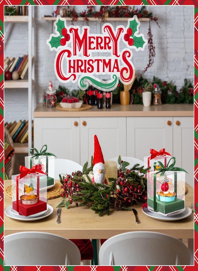 Watersay 48 Pcs Christmas Clear Cupcake Boxes Individual 3.5 Inch Red Green Plastic Cupcake Containers Single Boxes with Inserts and Ribbon Individual Cake Holders for Xmas Wedding Gift Storage - Image 2
